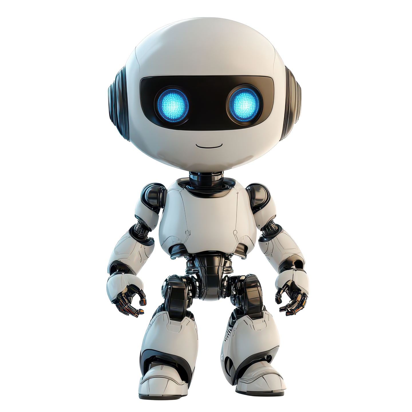 a white robot with blue eyes standing on a white background