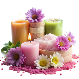 some candles and flowers on a white background