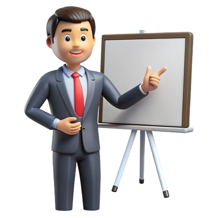 a 3d man in a business suit pointing at a whiteboard