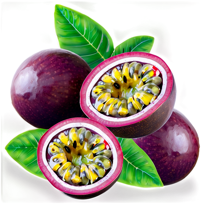 three passion fruit cut in half