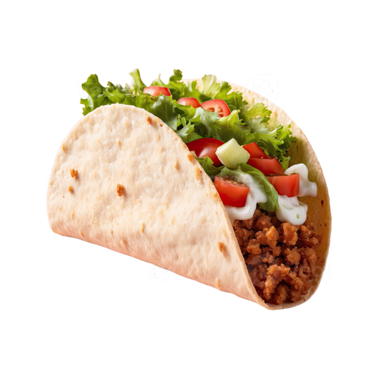 a burritoa filled with meat and vegetables on a white background