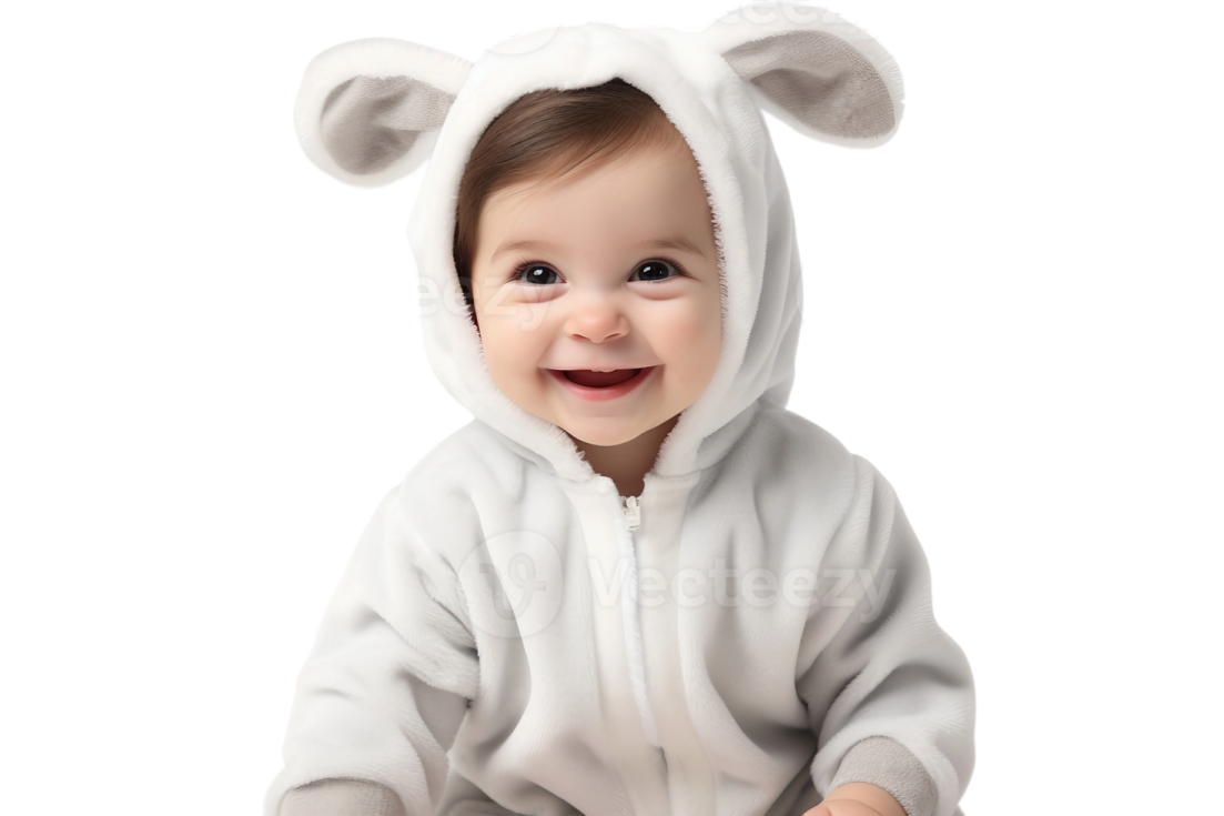 a baby wearing a white sheep costume