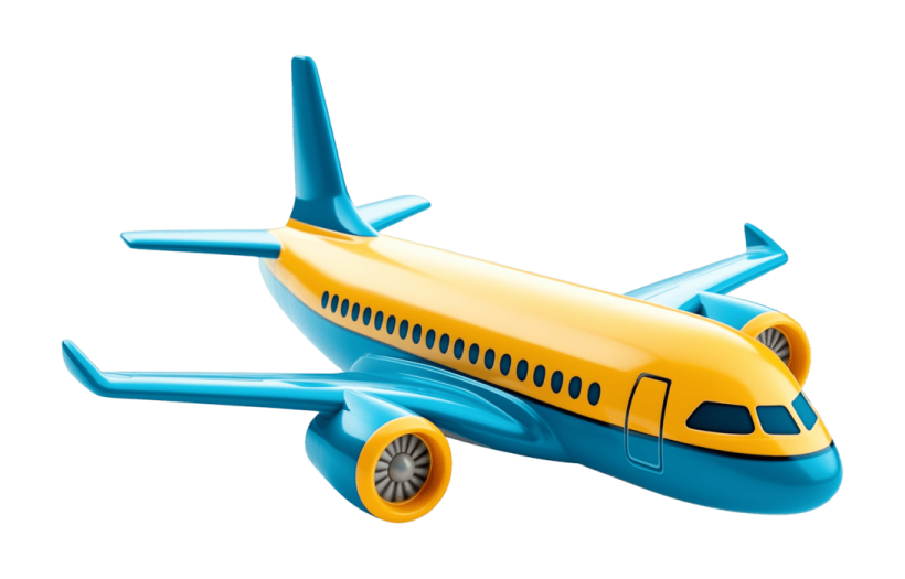 a blue and yellow toy airplane on a white background