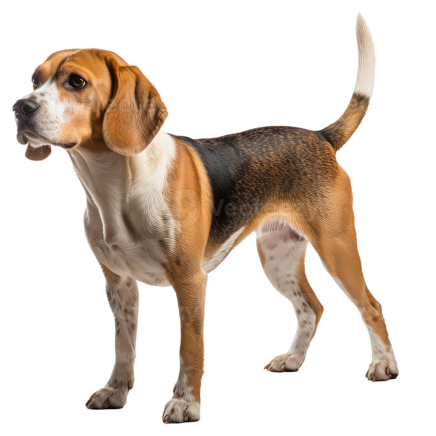 a brown and black dog standing on a white background