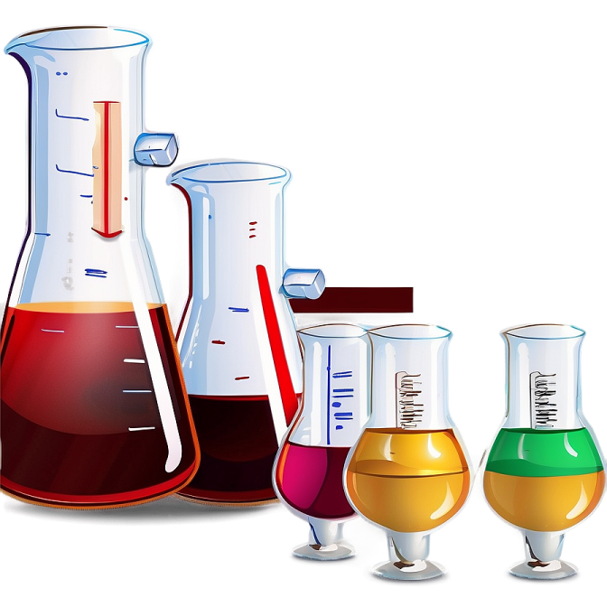 a group of different colored liquids in beakles
