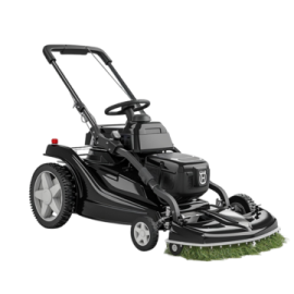 a black and white lawn mower on a white background