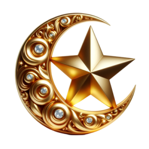 a gold crescent with a star on it
