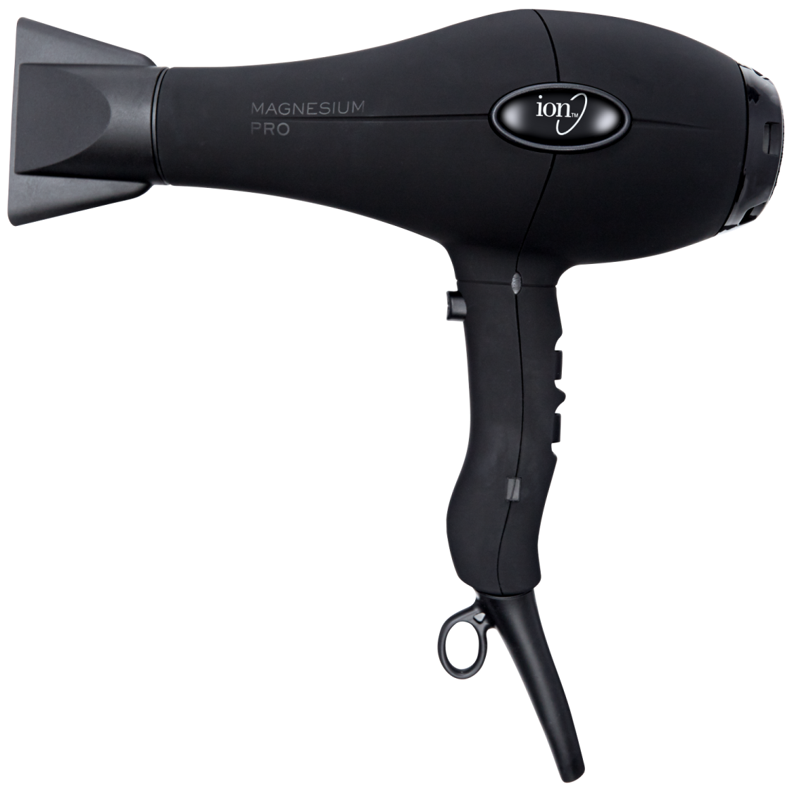 a black hair dryer on a white background