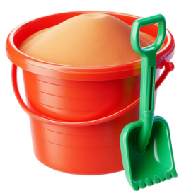 a red bucket with a green shovel next to it