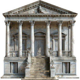 an old building with columns and a staircase