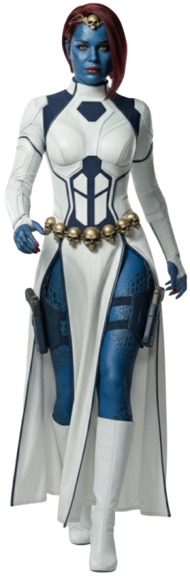a woman in a white and blue costume