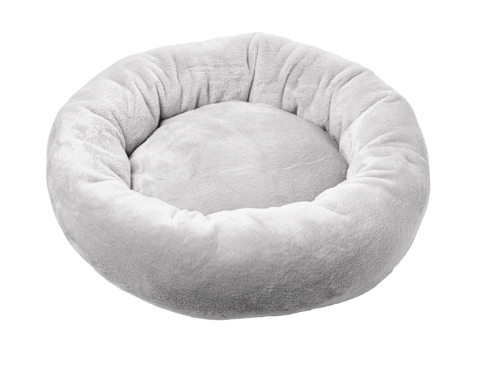 a grey dog bed on a white background
