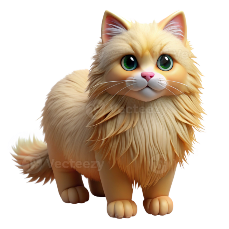 a cartoon cat with green eyes and long hair