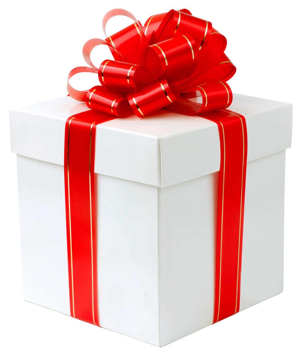 a white gift box with a red ribbon