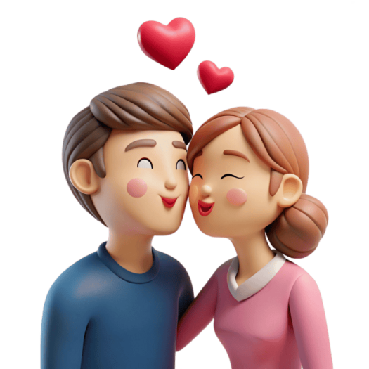 a couple kissing in front of a white background