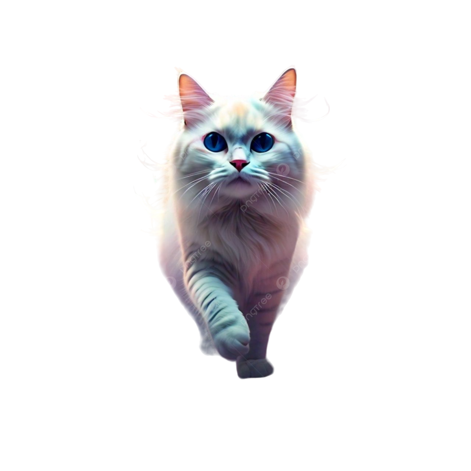 a white cat with blue eyes is running