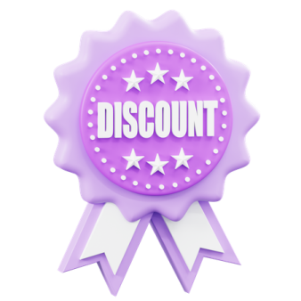 a purple badge with the word discount on it