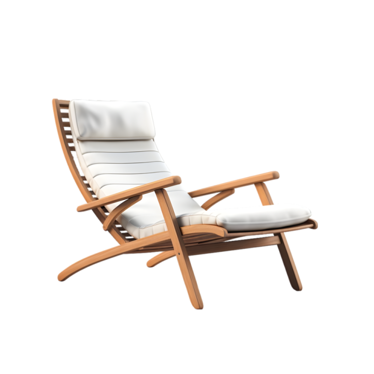 a wooden lounge chair with white cushions