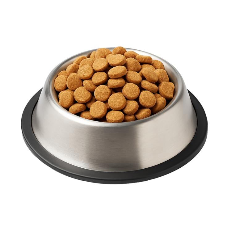 a bowl of dog food on a white background