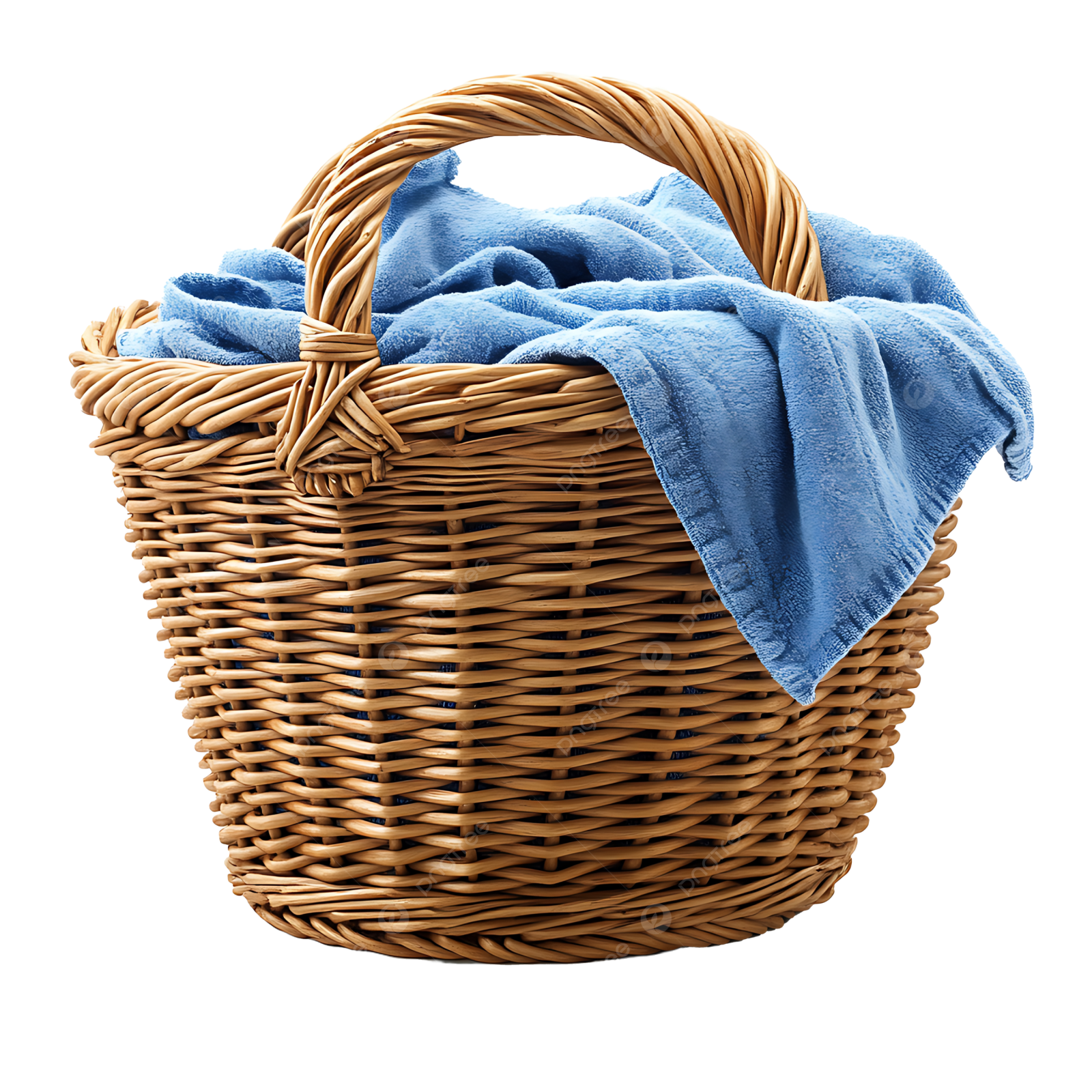 a basket with blue towels on it