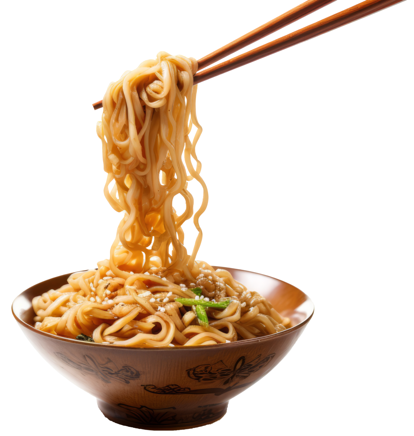 a bowl of noodles with chops in it