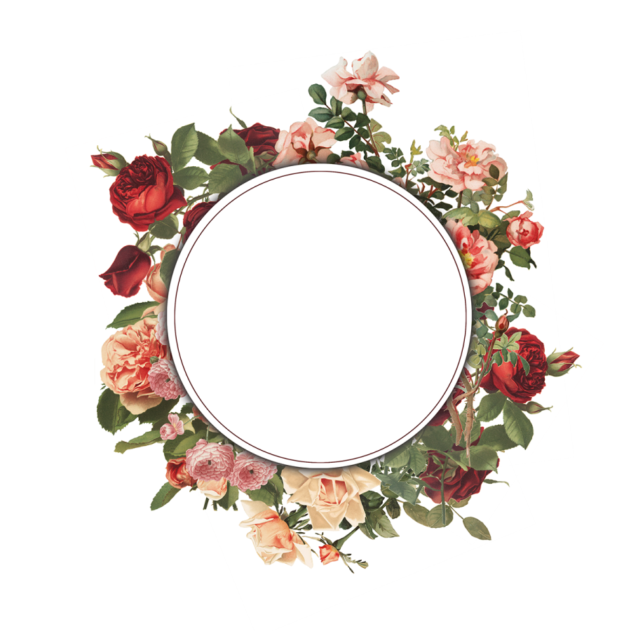 a round frame with roses and leaves