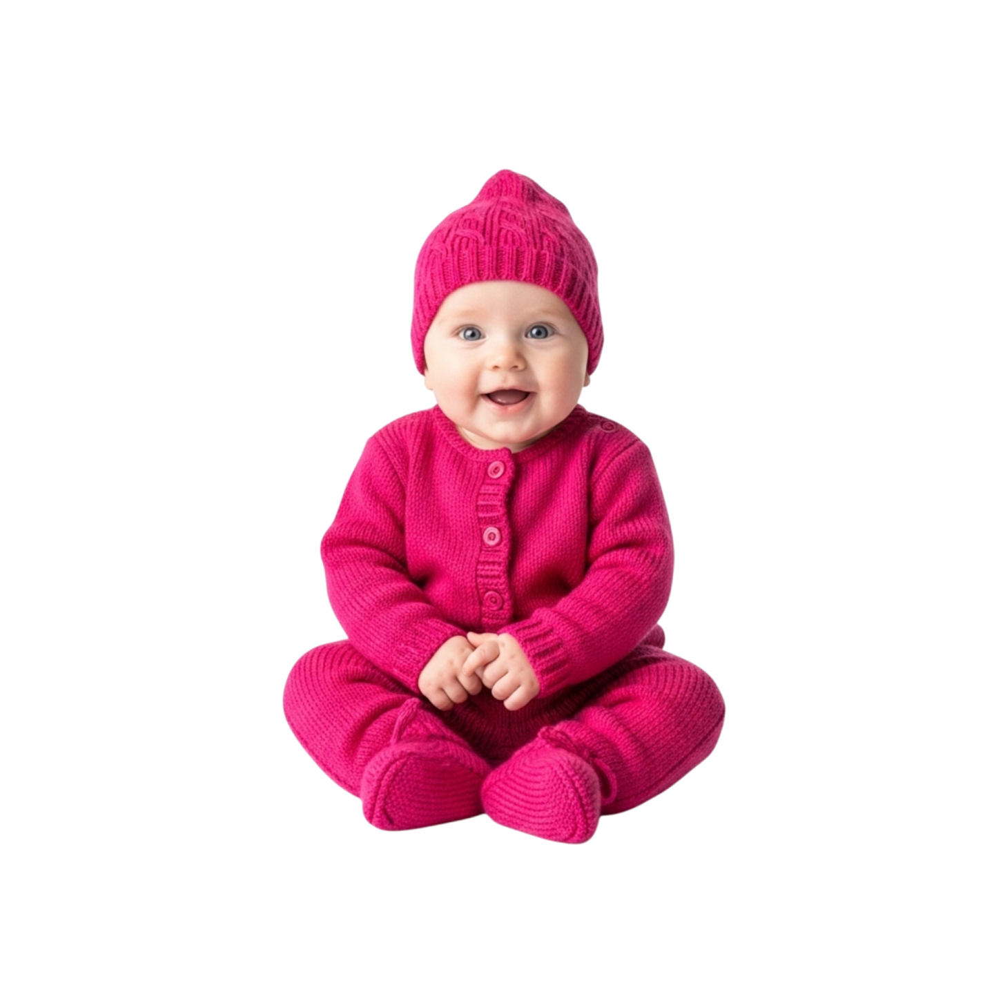 a baby sitting on the floor wearing a pink sweater and hat