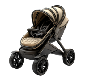a stroller with a beige seat and black wheels