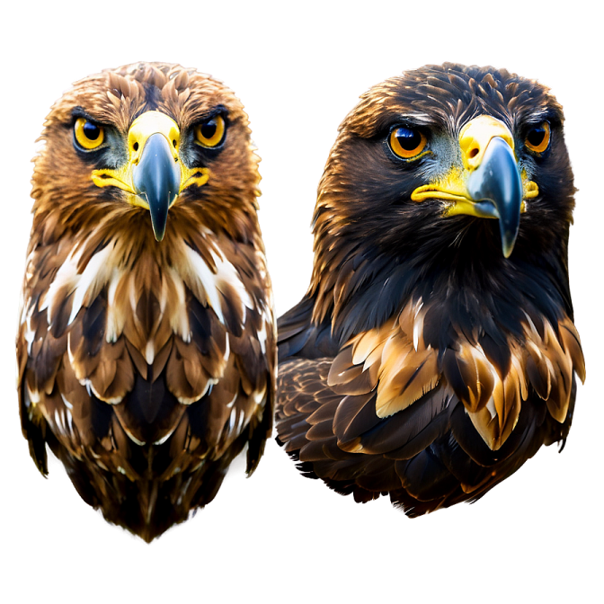 two brown and white birds with yellow eyes