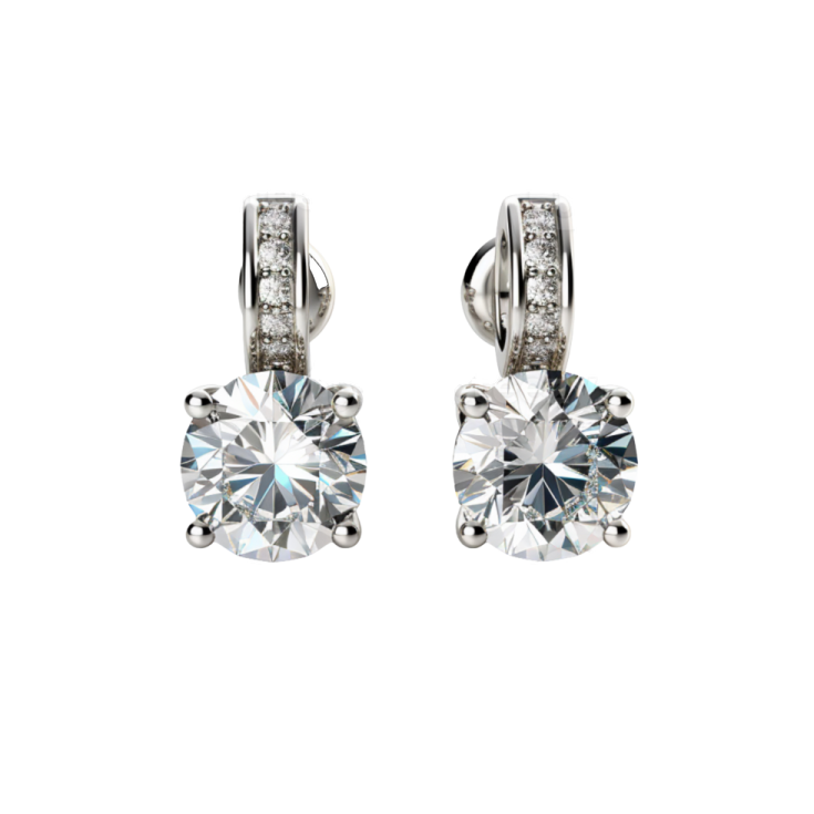 a pair of diamond earrings on a white background