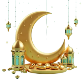 a golden crescent with arabic lanterns hanging from it