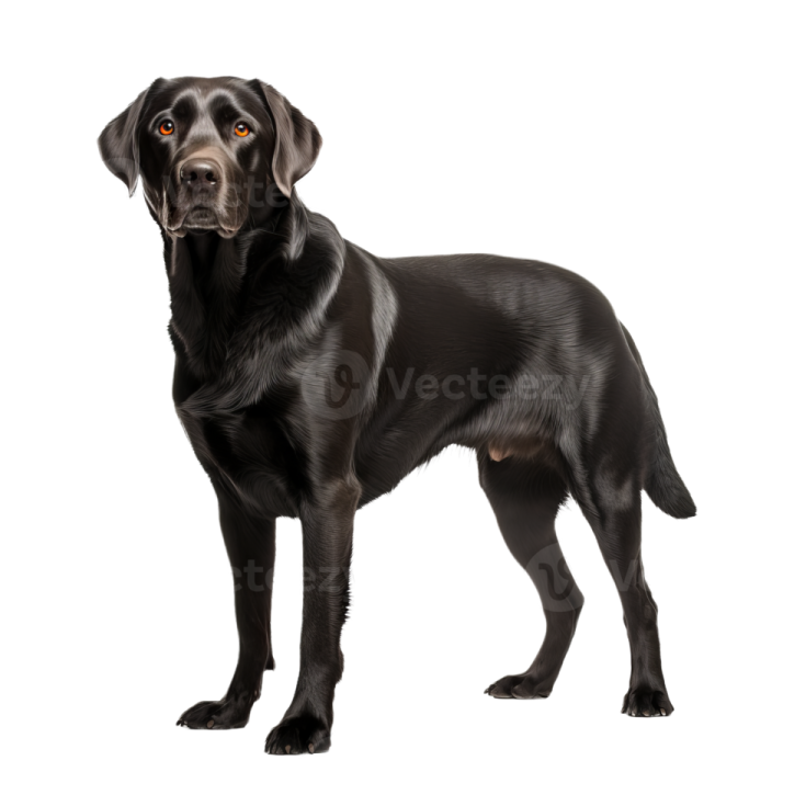 a black labrador dog standing in front of a white background