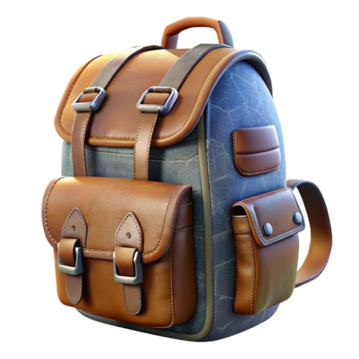 a brown and blue backpack with leather straps