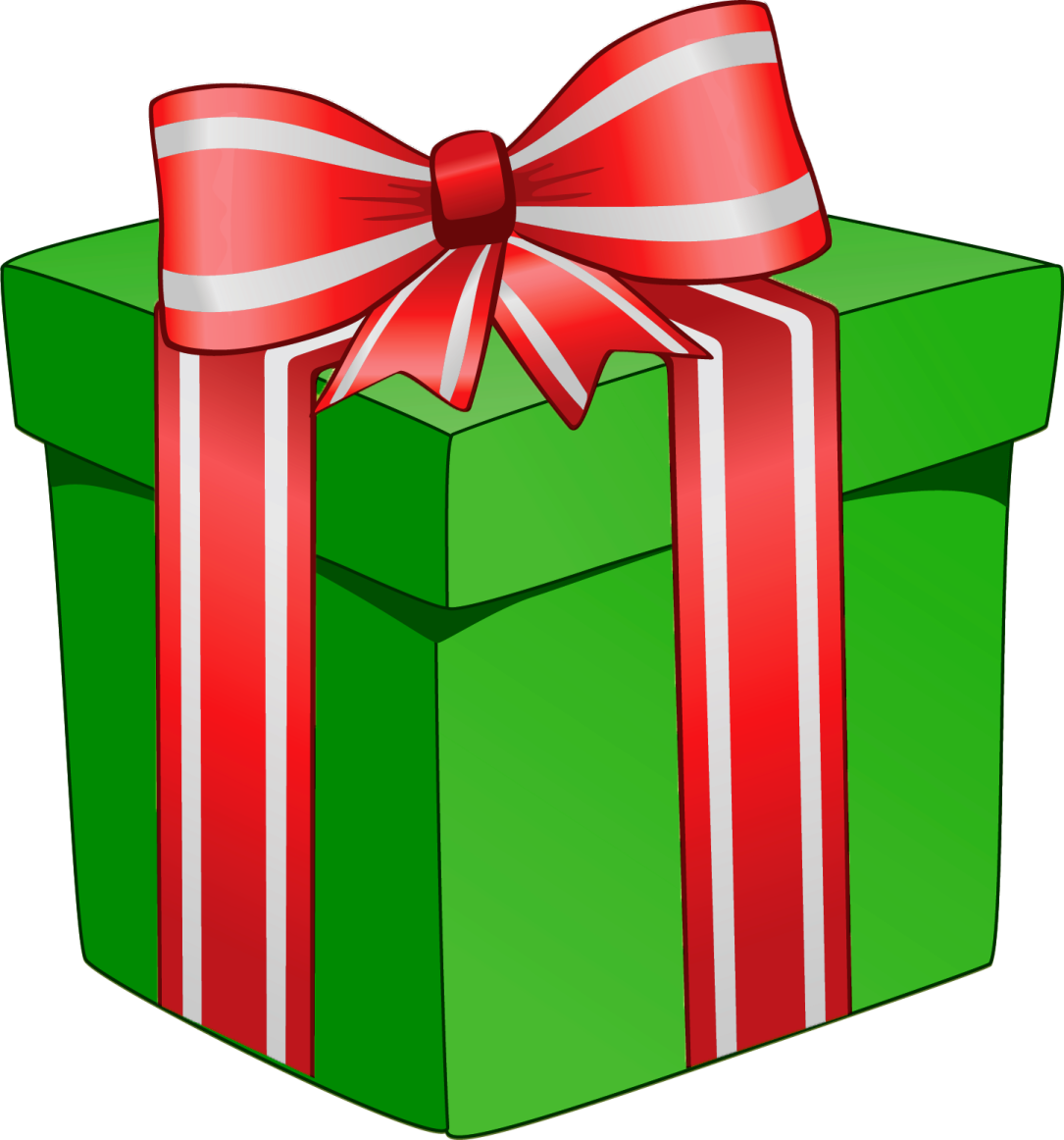 a green gift box with a red bow