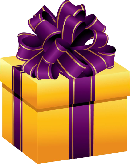a yellow gift box with a purple ribbon