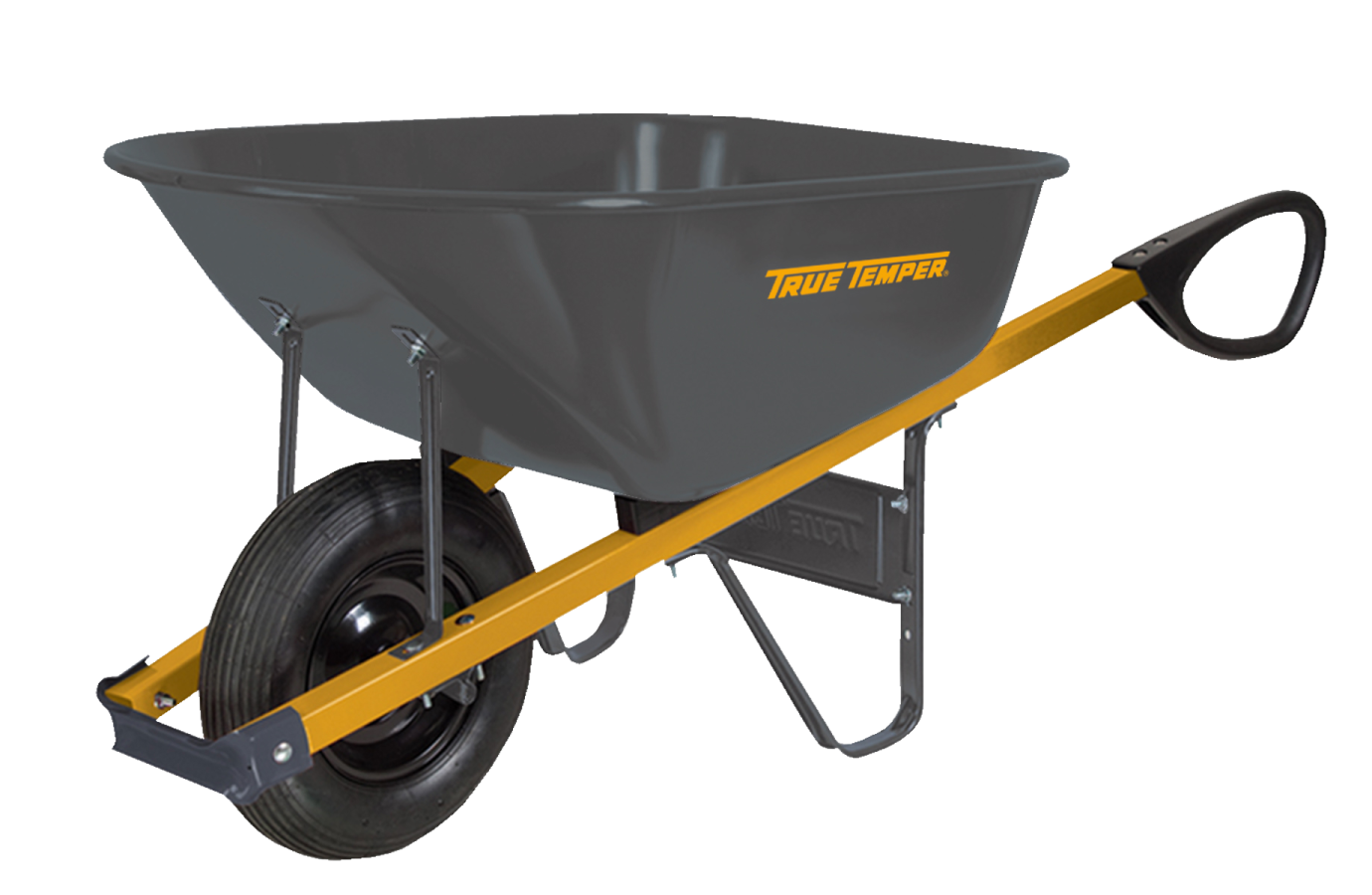 a wheelbart with a yellow handle