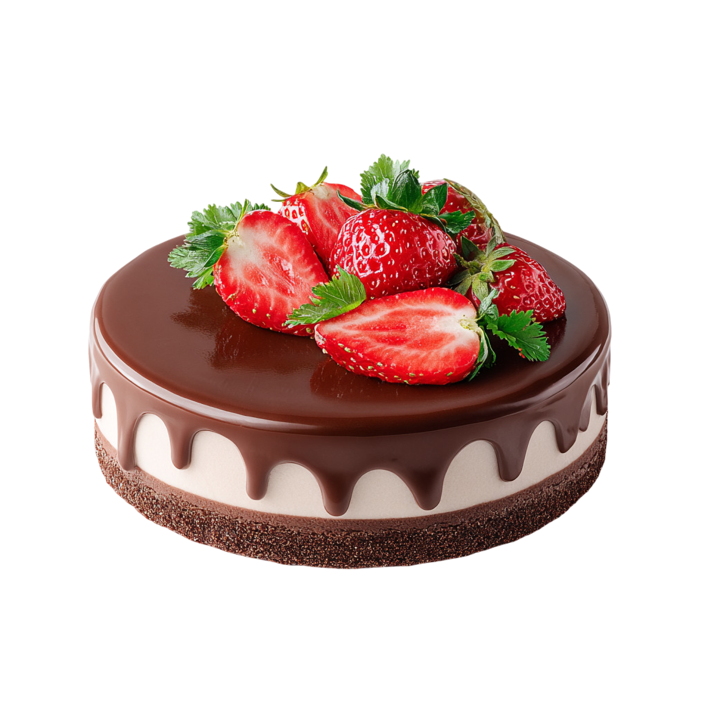a chocolate covered cake with strawberries on top