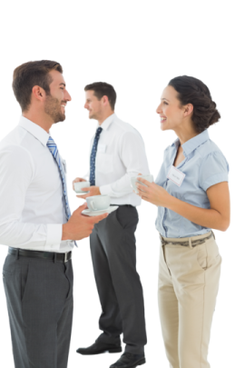two men and a woman in business attire talking