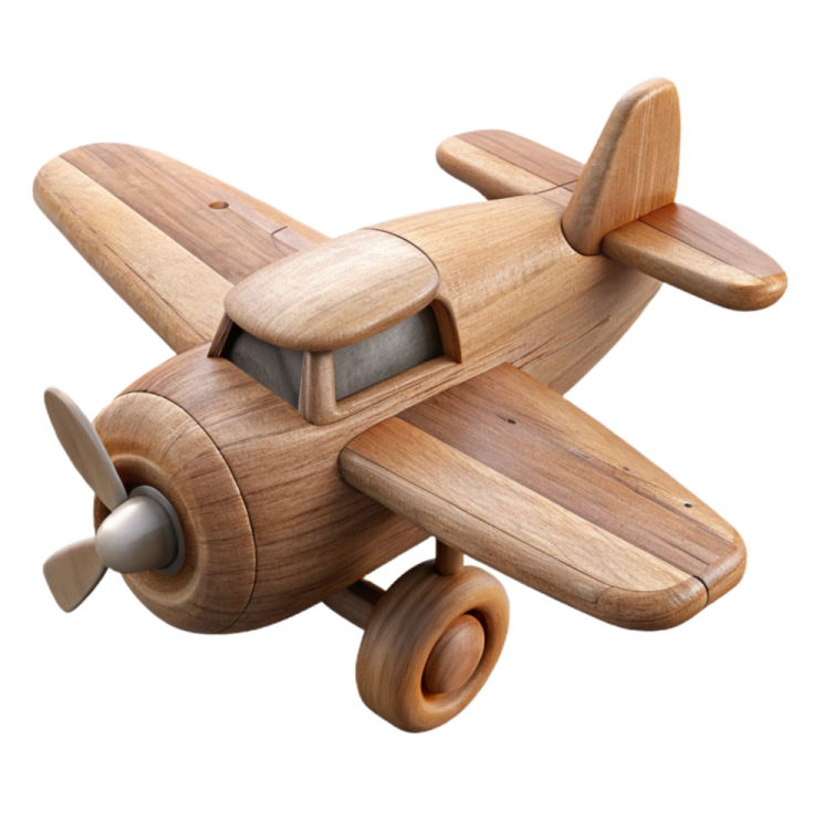 a wooden toy plane on a white background