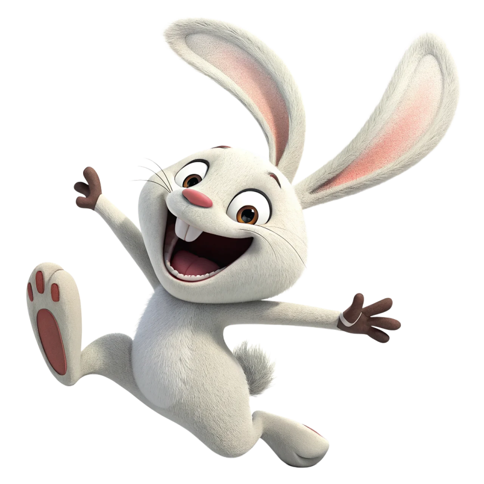 a white rabbit is jumping in the air