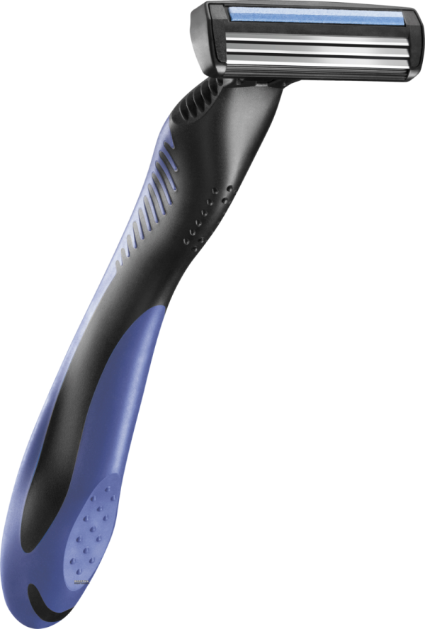 a blue and black razor on a white background