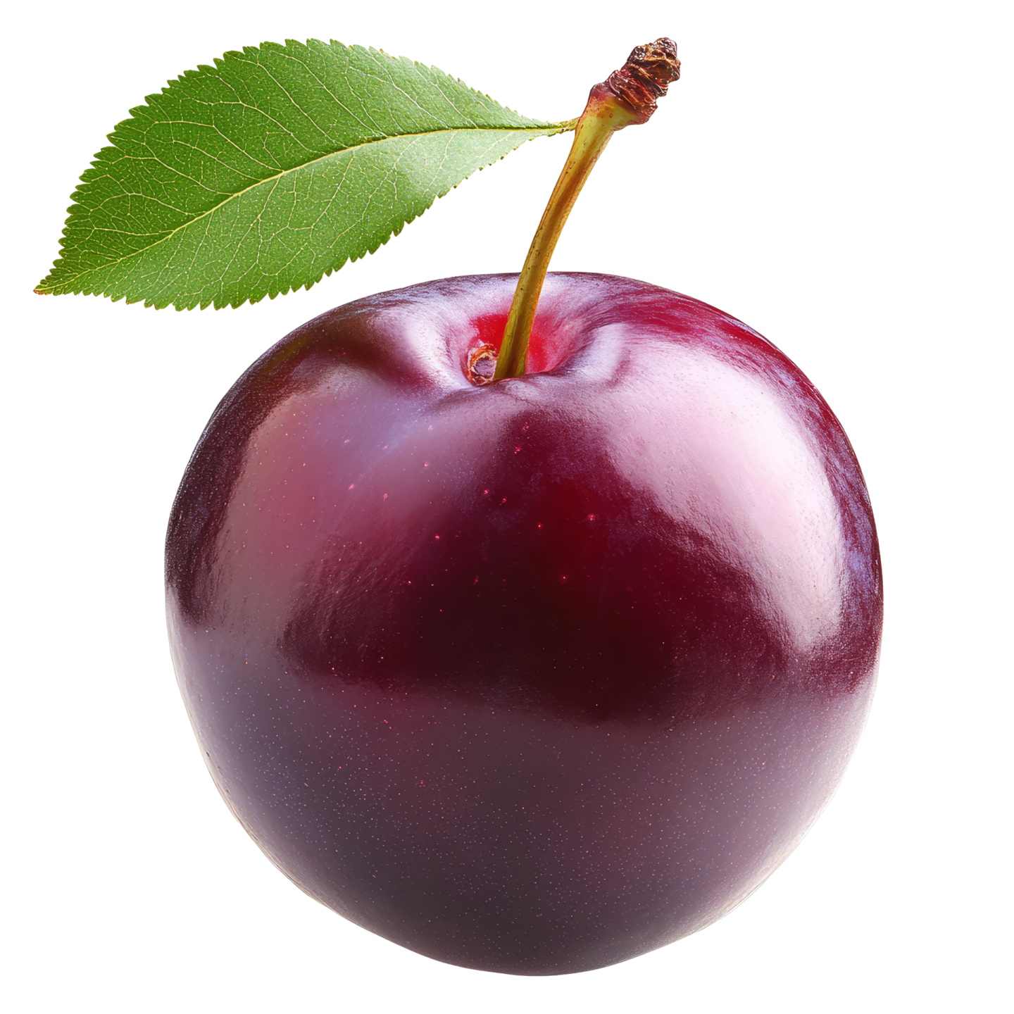 a cherry with a green leaf