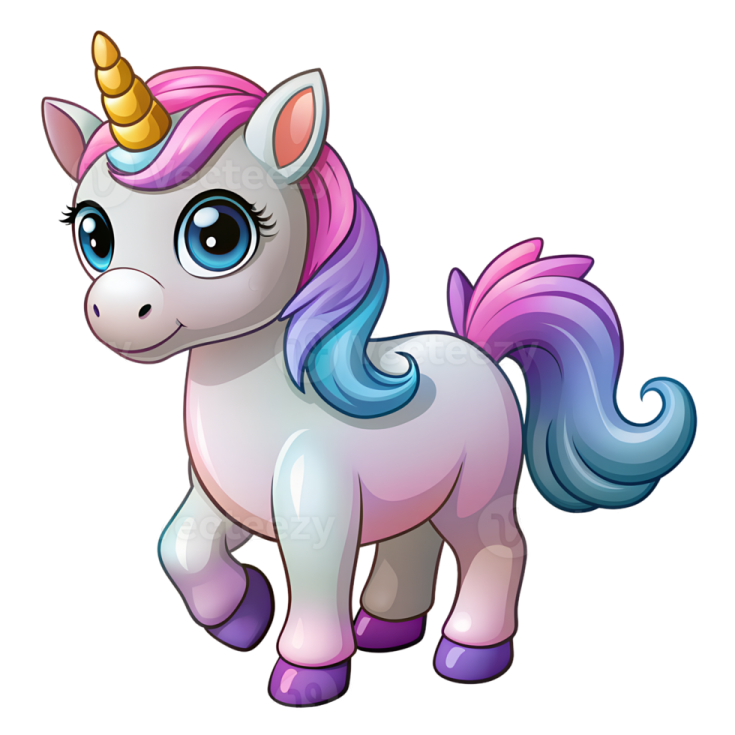 a cartoon unicorn with a pink mane and blue eyes