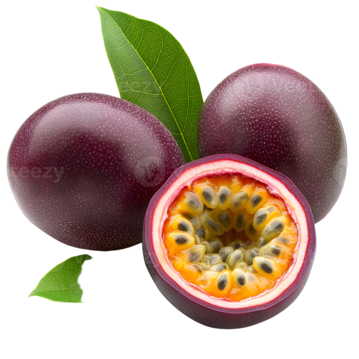 fresh passion fruit with leaves isolated on white background