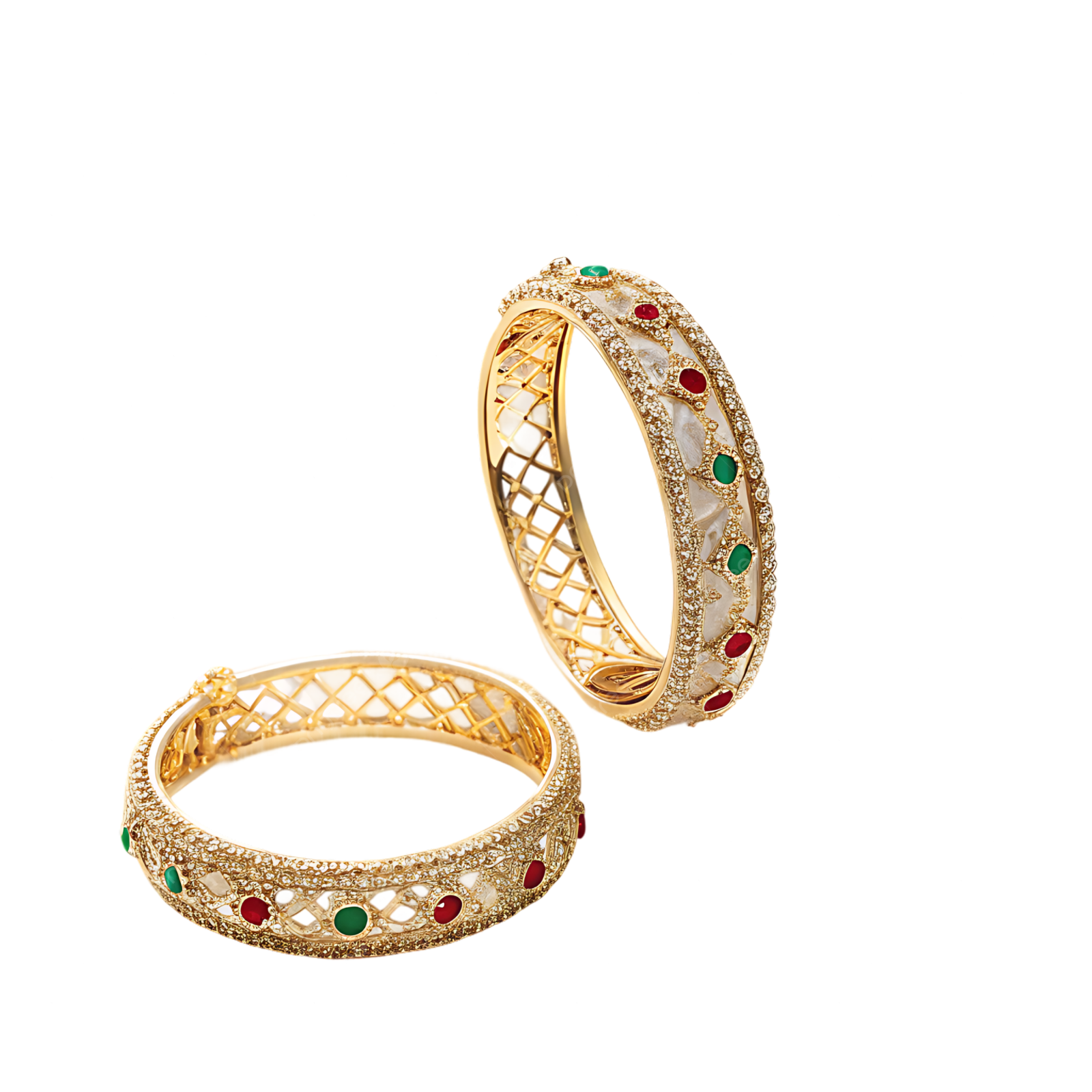 a pair of gold rings with red and green stones