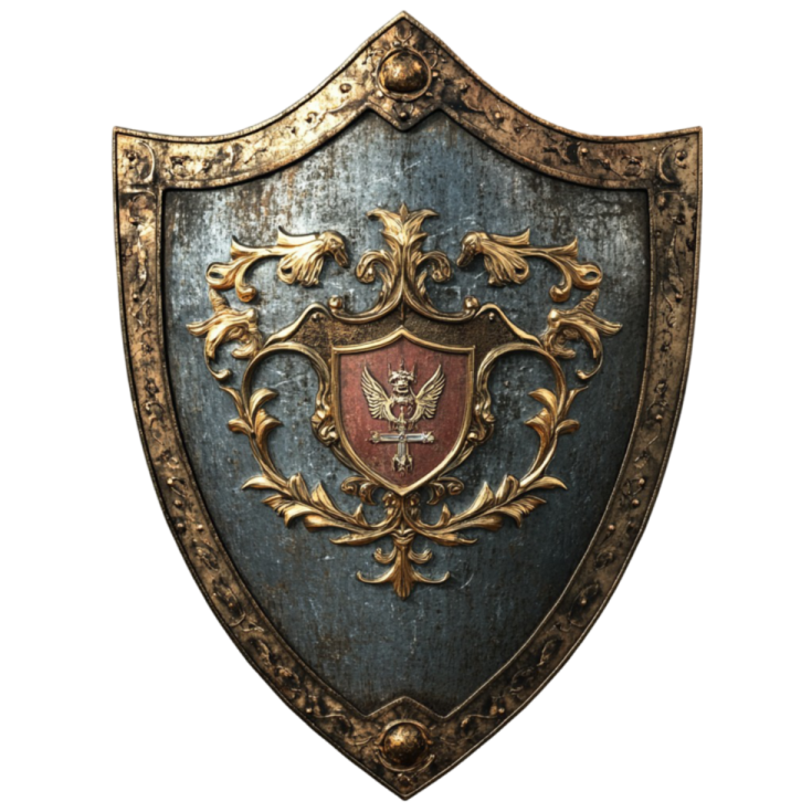 a gold and blue shield on a white background