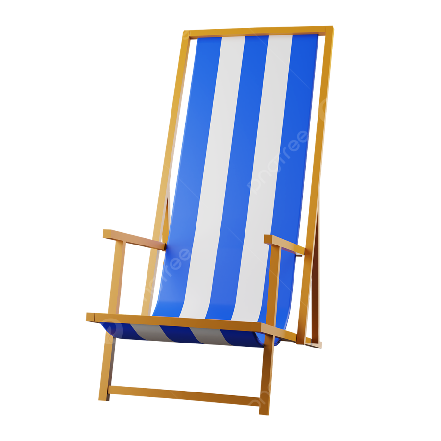 a wooden deck chair with blue and white stripes