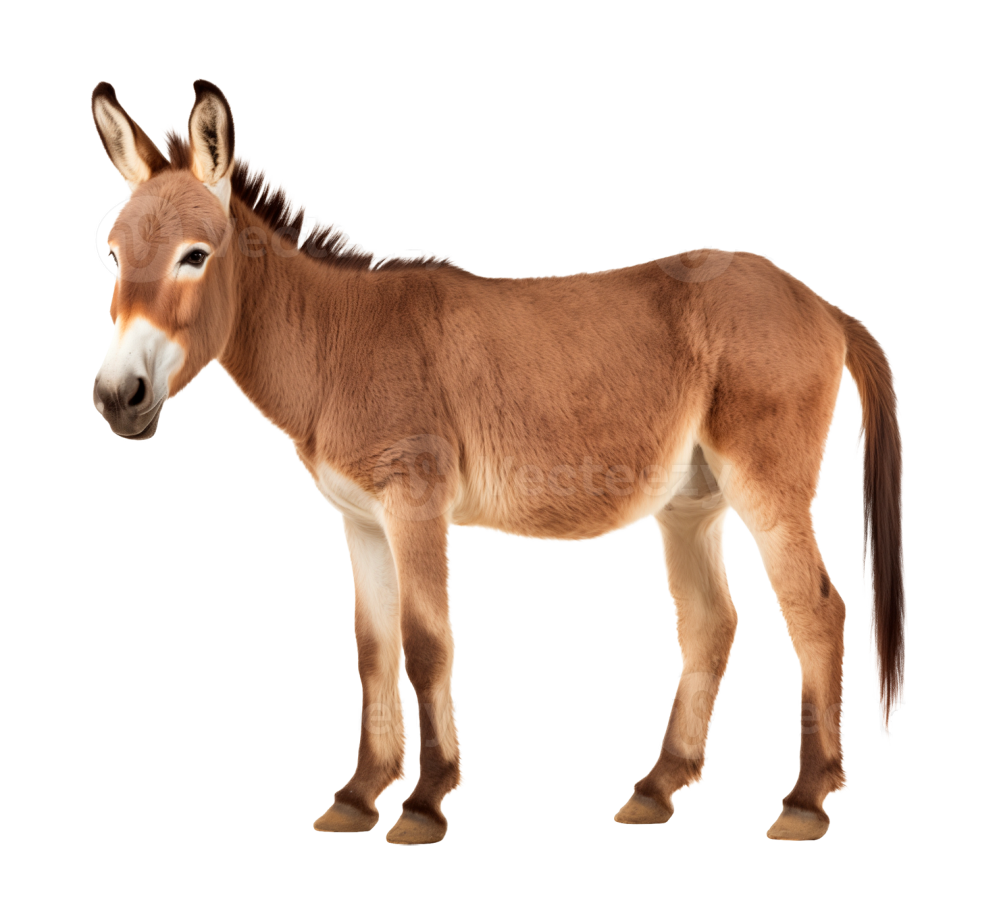 a small donkey standing up against a white background