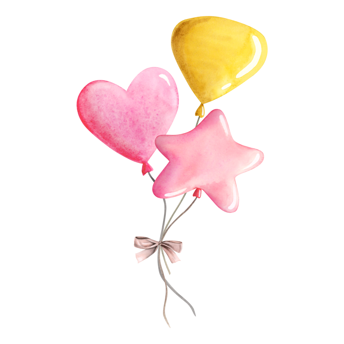 a watercolor painting of three hearts and a star