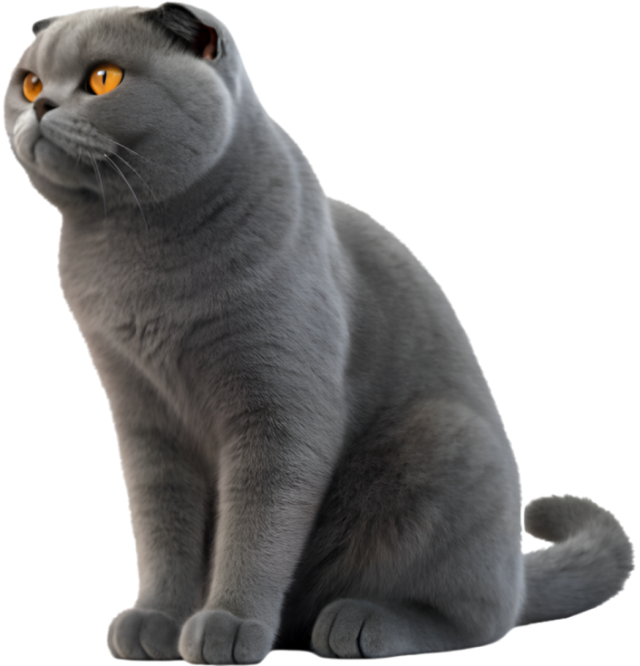 a gray cat with orange eyes sitting down